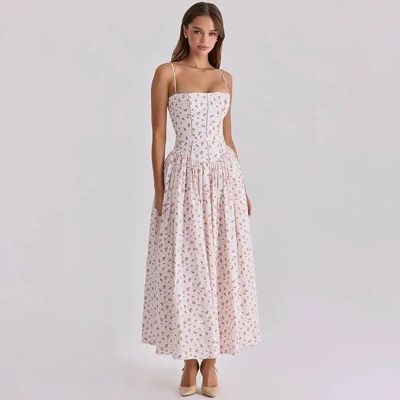 Floral print spaghetti strap A-line maxi dress
