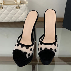 Front view of black polka dot mesh stiletto heels