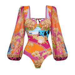 Printed Long Sleeve One Piece Swimsuit and Skirt Bathing Suit Set