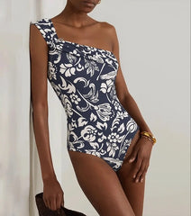 Navy and White Print One Shoulder Swimwear Set