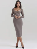 Lace Strapless Square Collar Sheer Long Sleeve Midi Dress