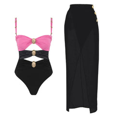 One-Shoulder Swimsuit with Oversized Flower Detail and Matching Printed Sarong Set