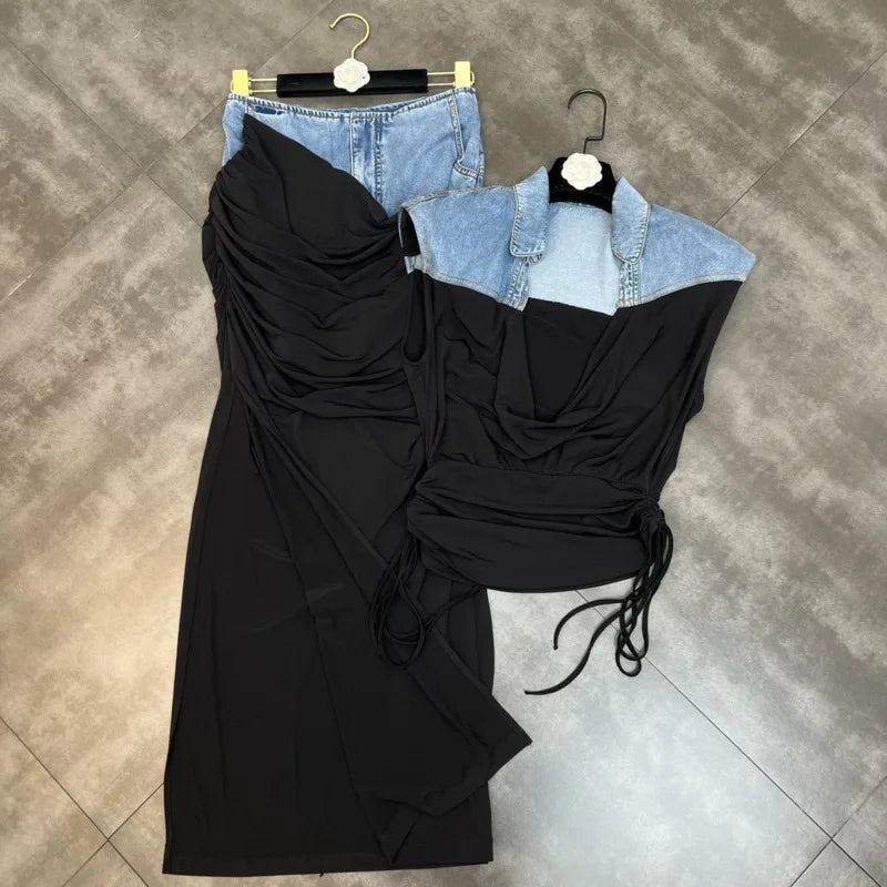 Drawstring Tank Top Blue Denim Patch Long Skirt Two Piece Set