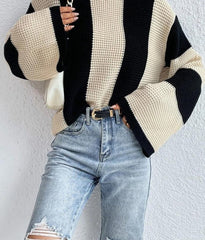 Women's Knitted O-neck Oversized Striped Sweaters 