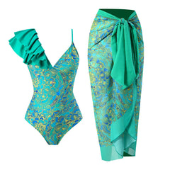 Tie-Strap V-Neck One-Piece Swimsuit with Matching Sarong Set