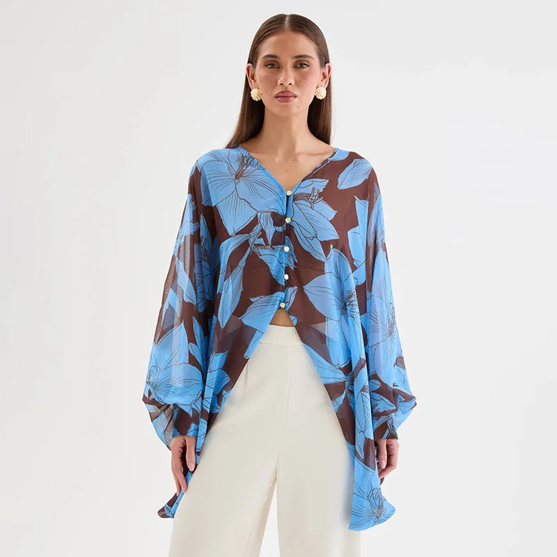Floral print blue brown V-neck top