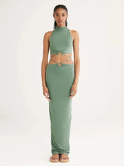 Solid High Collar Bandage Tank Top and Maxi Skirt Suit