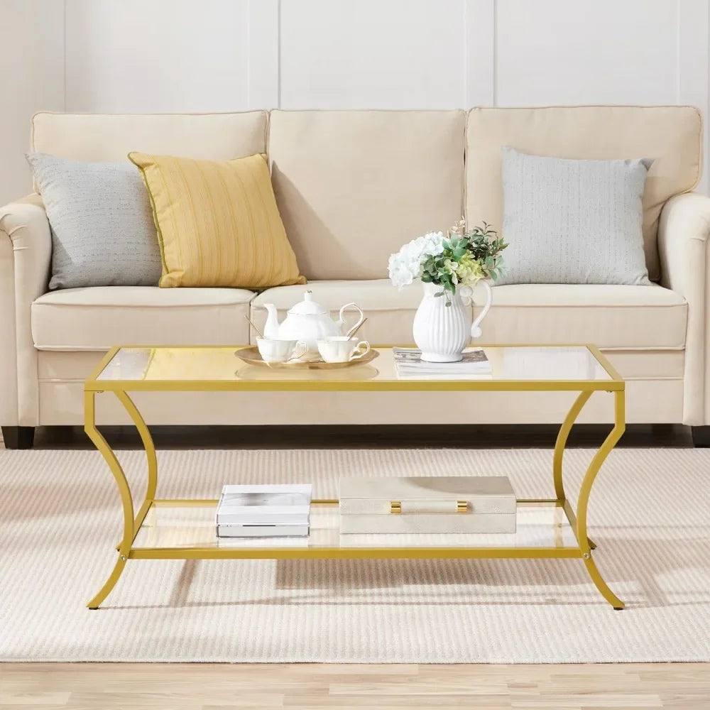  Gold rectangular coffee table with glass top, modern design, U.S. Origin.