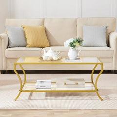  Gold rectangular coffee table with glass top, modern design, U.S. Origin.