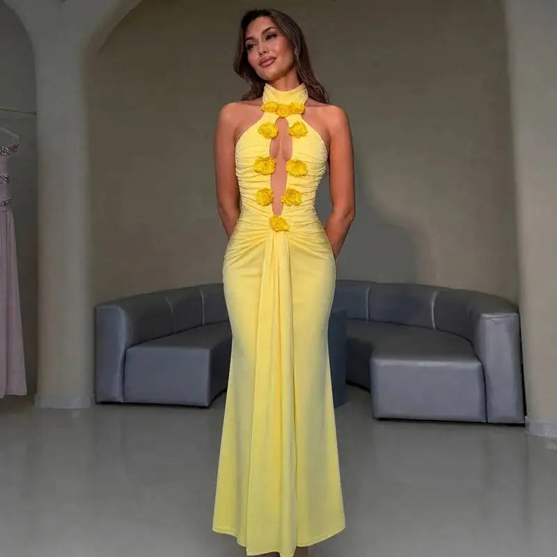 Halter neck floral gown with keyhole detail