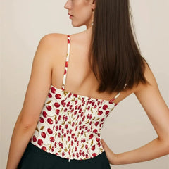 Fruit Cherry Print Slash Collar Ruched Elastic Back Tank Top