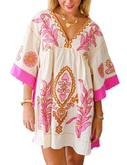 Floral Embroidered V-Neck Mini Dress