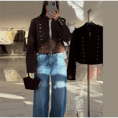 Military Style Shoulder Strap Metal Decor Jacket