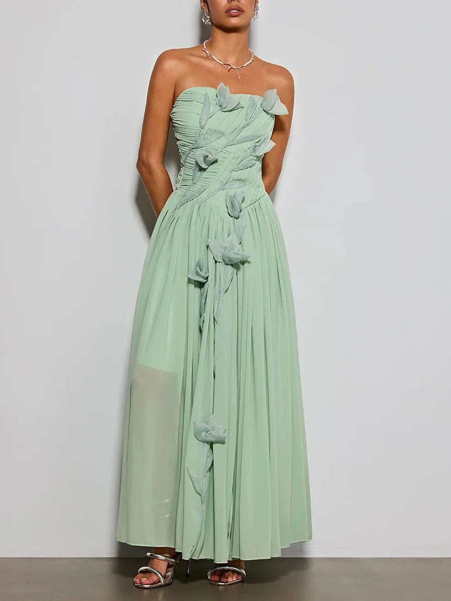 Strapless floral chiffon midi dress with ruched bodice