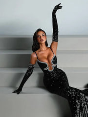Rhinestones Sequins Mermaid Maxi Black Gown With Gloves