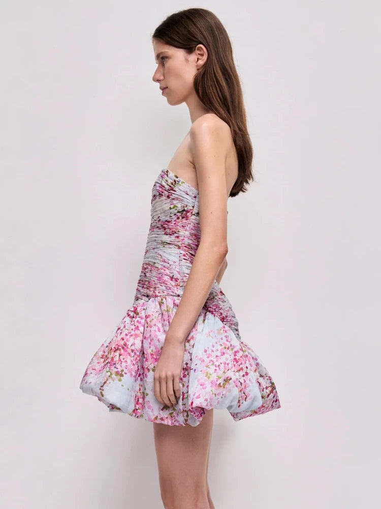 Floral strapless ruched mini dress side view