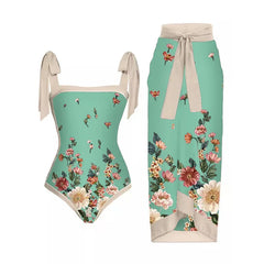 Floral Print Tie-Strap Bikini and Sarong Set