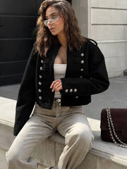 Military Style Shoulder Strap Metal Decor Jacket