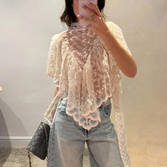 Floral Lace Mock Neck Asymmetrical Hem Top