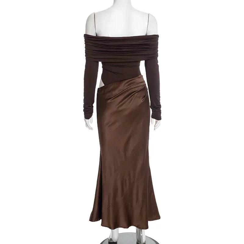 Brown off-shoulder dress on a mannequin against a white background