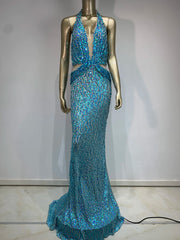 Halter Blue Sequins Sparkly Glitter Maxi Dress