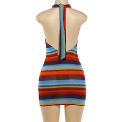 Striped Knit Halter Backless Mini Dress