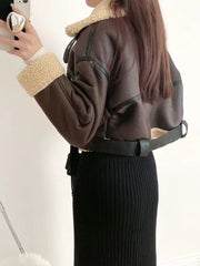 Faux Leather Fur Thick Short Jacket  With Belt