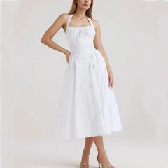 Corset Style Bow Halter Spliced Lace Drawstring Rope Midi Dress