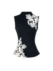 Mock neck lace patchwork tank top side view