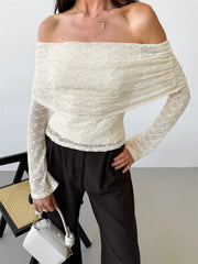 Women’s knit sweater backless pullover with patchwork and off-shoulder design.