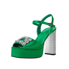 Satin Platform Crystal Embellishment Block Heels