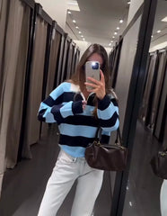 Striped Polo Collar Knit Top