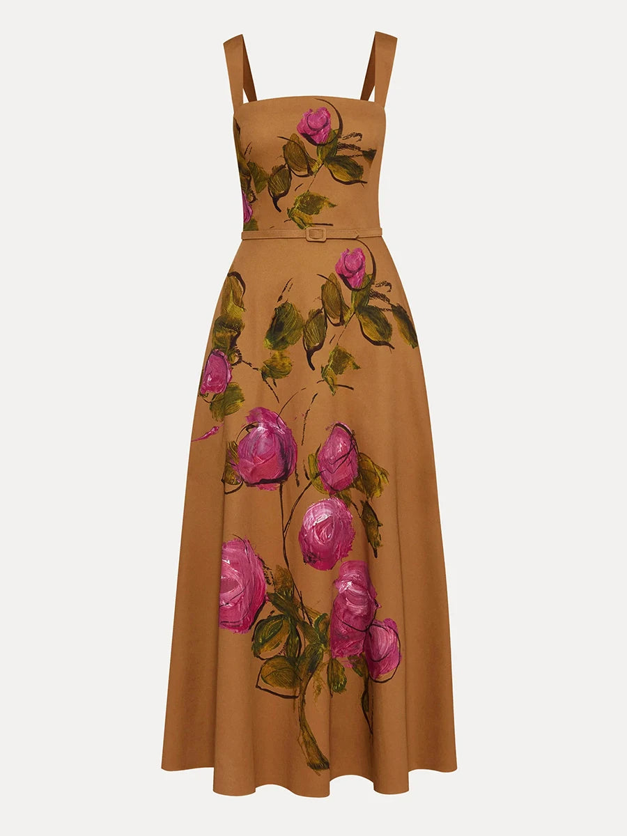 Brown dress with pink floral pattern on a white background