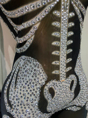 Long Sleeve Skeleton Rhinestone Mesh Jumpsuit