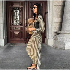 Striped Long Sleeve Mesh Ankle Length Dress