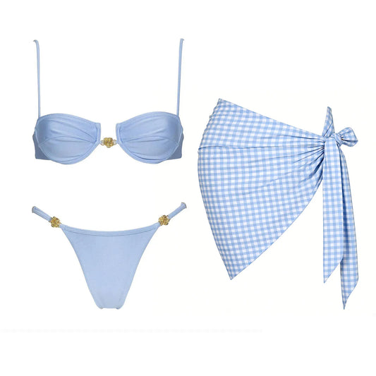Blue gingham wrap skirt bikini set