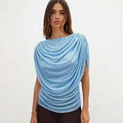 Blue polka dot mesh ruched top detail