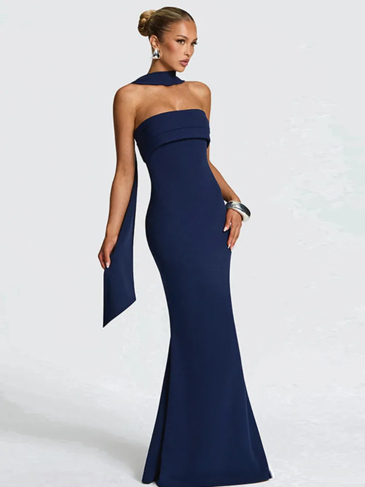 Strapless maxi dress with a sculpted scarf collar
