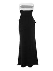 Women’s elegant 2-piece outfit with off-shoulder tube top and long skirt.