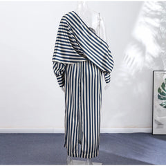 Blue Vertical Stripe Print Off Shoulder Maxi Dress