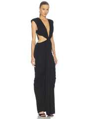 Side profile of Ruched Deep V Neck Cutout Maxi Dress
