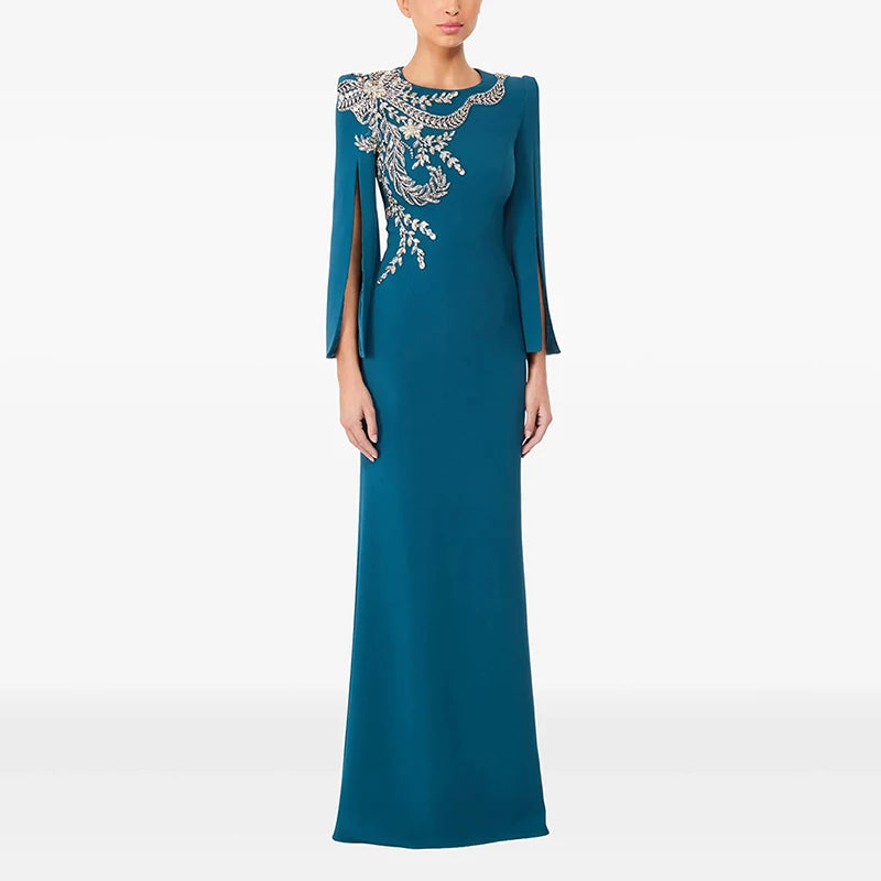 Malachite blue slit sleeve beaded O-neck maxi dress