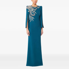Malachite blue slit sleeve beaded O-neck maxi dress