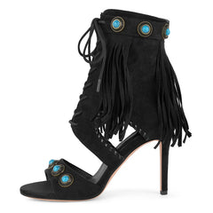 Fringe Jewel Tassel Rivet Stiletto Ankle Boots