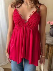 V-neck camisole top with floral lace and spaghetti straps in red