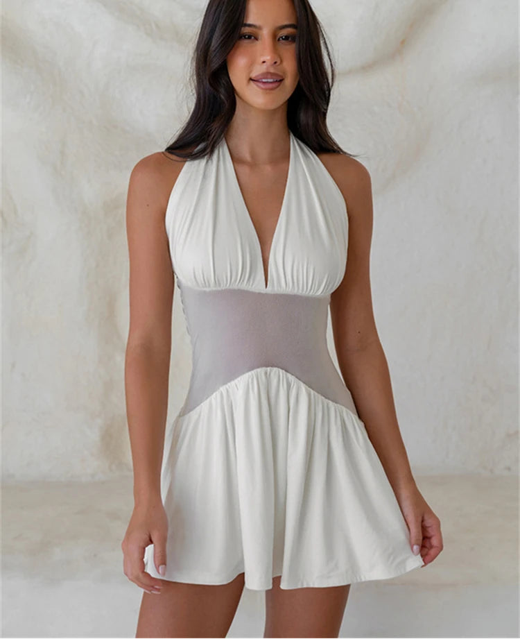 Full view of white halter neck mini dress