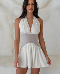 Full view of white halter neck mini dress