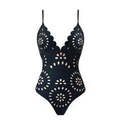 Scallop Neckline One-Piece Swimsuit with Eyelet Midi Skirt Set