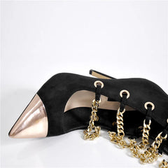 Black high-heeled shoes with gold chain details on a white background