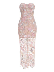Strapless Sequin Embroidery Floral Sheath Maxi Dress